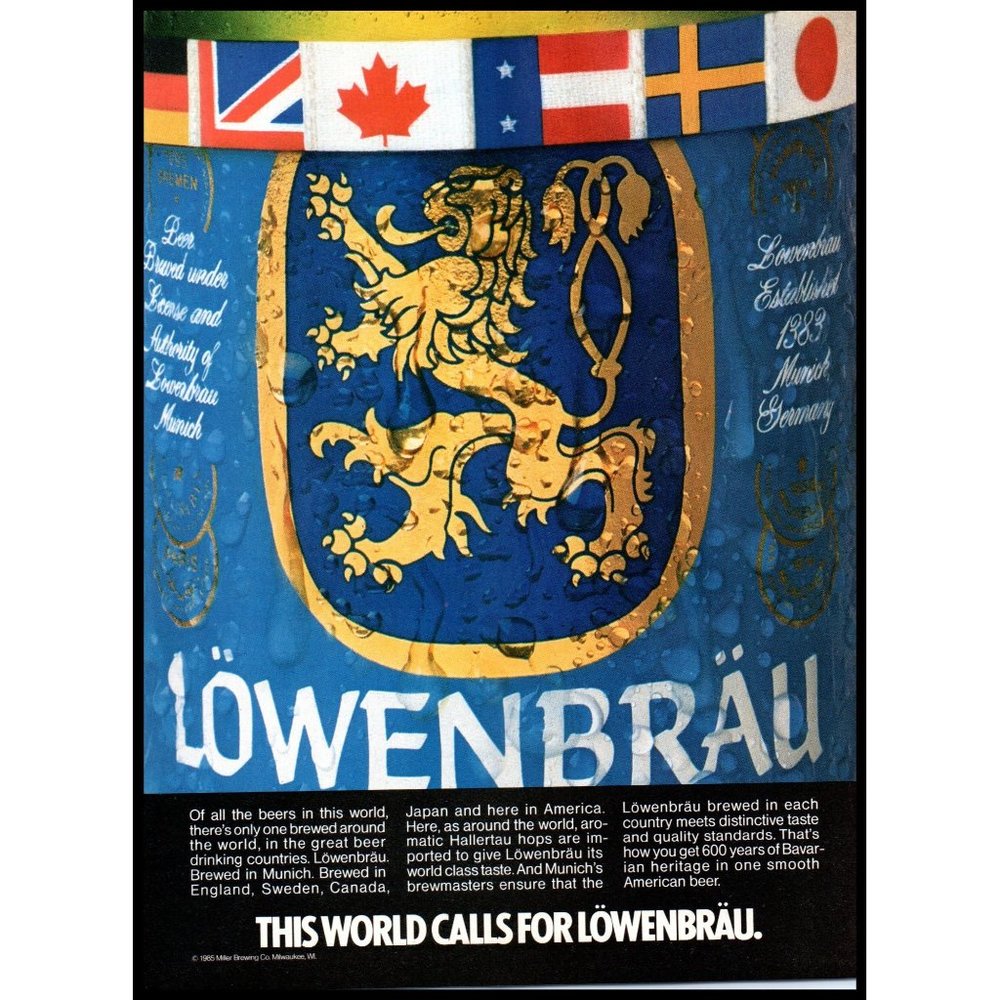 1986 Lowenbrau Beer Label Closeup Lion Crest Vintage Print Ad Man Cave Wall Art